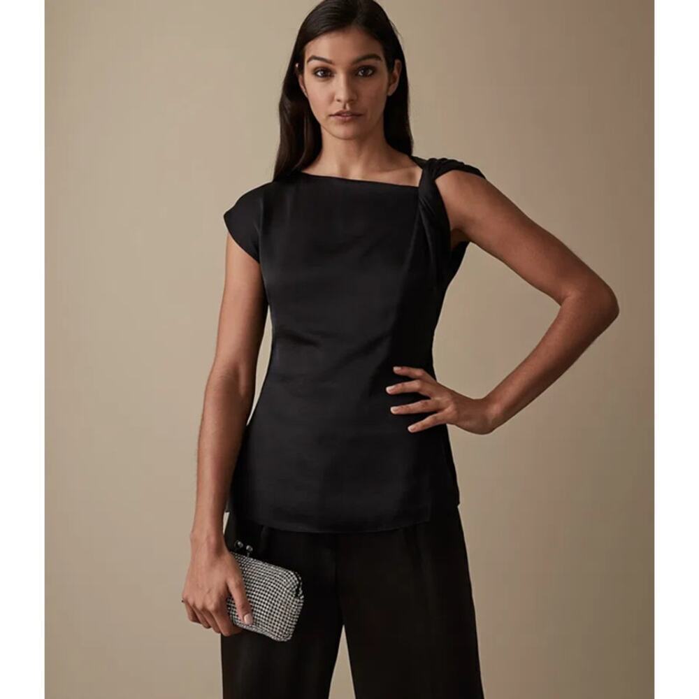 Reiss Trinny Twist Knot Detail Asymmetric Cutaway Cap Sleeve Slim Top Black 2